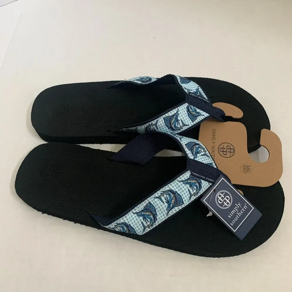 Simply Southern Men's Size 2XL 12/13.5 Marlin Print Flip Flops Thong Sandals New